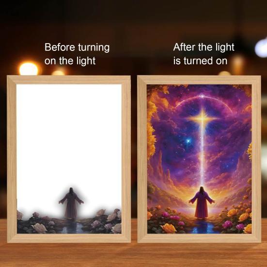 LED Jesus Painting Night Light Dimmable Color Temperature Adjustable Decorative Illuminated 4D LED Painting Bedside Lamp