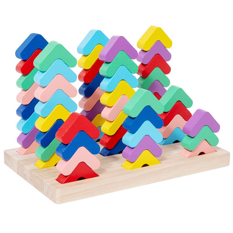 Wooden Geometric Montessori Puzzle Color Sorting and Stacking V-shaped Building Blocks for Children Fine Motor Skill Develop
