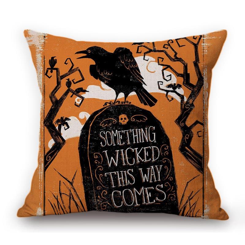 Spooky Witch Hocus Pocus Black Cat Wicked Crow Pattern Halloween Decoration Cartoon Art Sofa Pillow Case Linen Cushion Cover