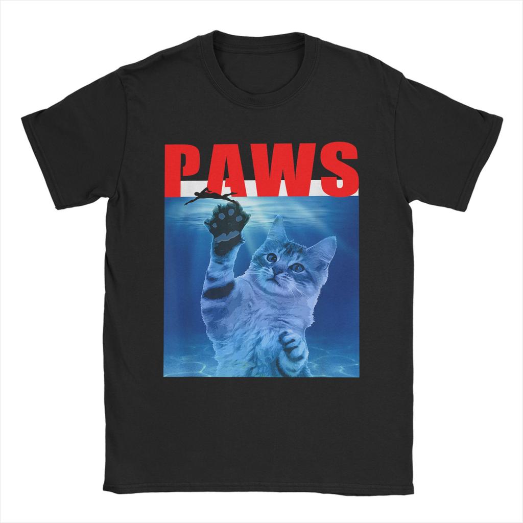 PAWS Funny Cat Parody For Shark And Cat Lovers TShirt Beach Y2K TShirts Cotton Tshirt For Men ShortSleeved Casual Tees