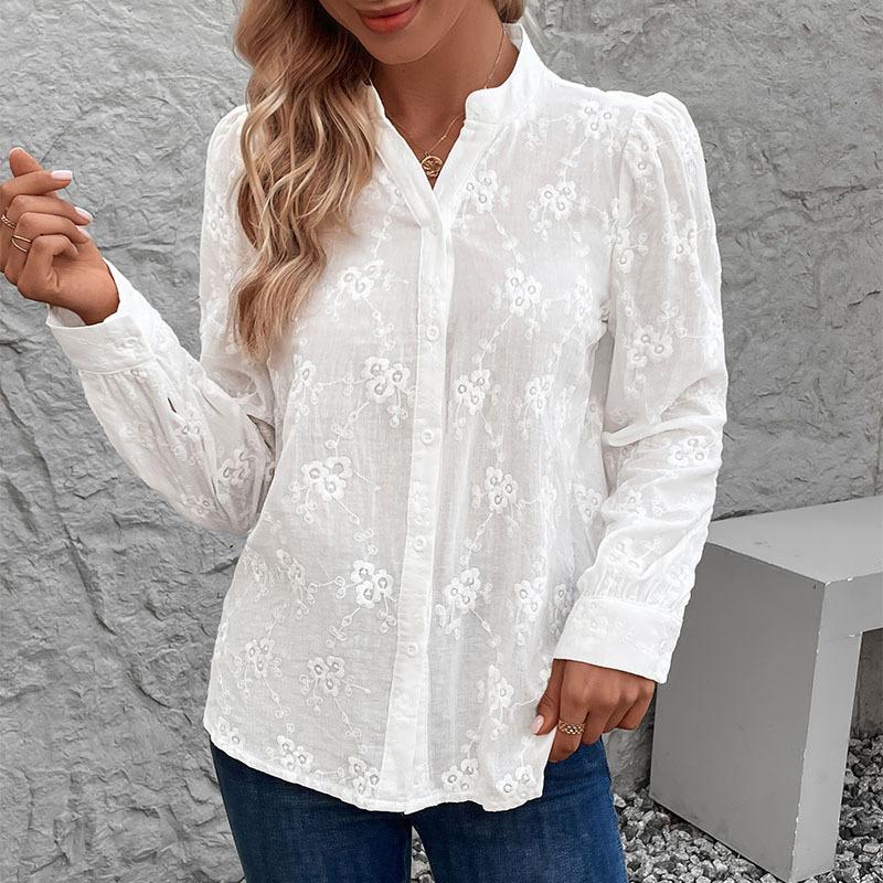 Long-sleeved Blouse for Women, New Style, Cardigan Shirt, Suitable for Office Wear, Open-weave Lace Jacquard Shirt