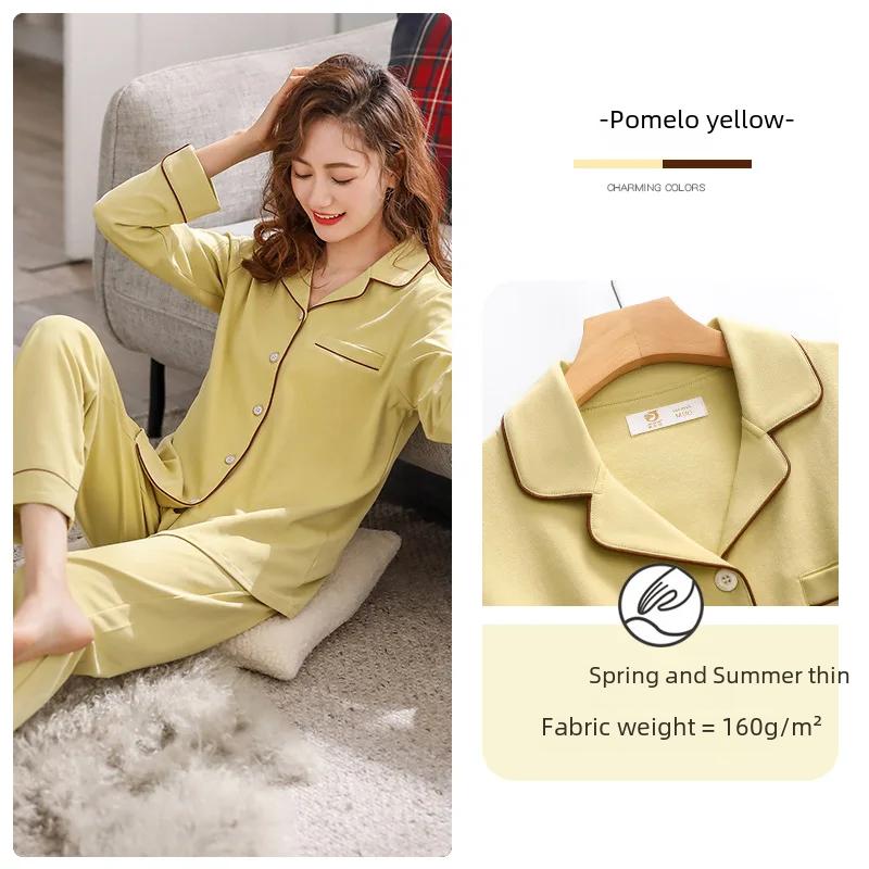 Ladies' 100% Cotton Long Sleeve Pajama Set Spring/autumn Thin Style Winter Warm Homewear Suit
