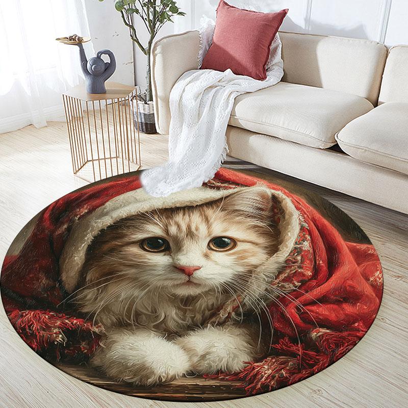 Christmas Cat pattern round rug,Carpet Rug for Living Room Bedroom Playroom ,Non-slip Floor Mat,Holiday Gifts and Birthday Gifts.