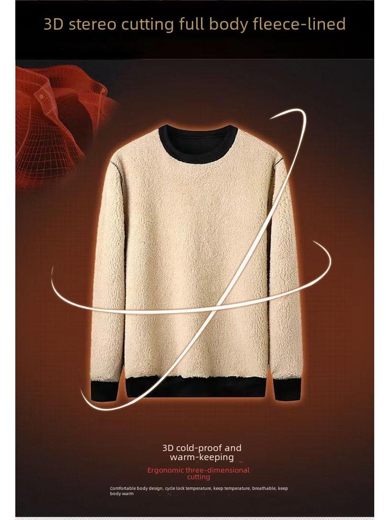 Men's Black Lambskin Velvet-Lined Sweatshirt | Round Neck | Loose Fit | Thermal Top