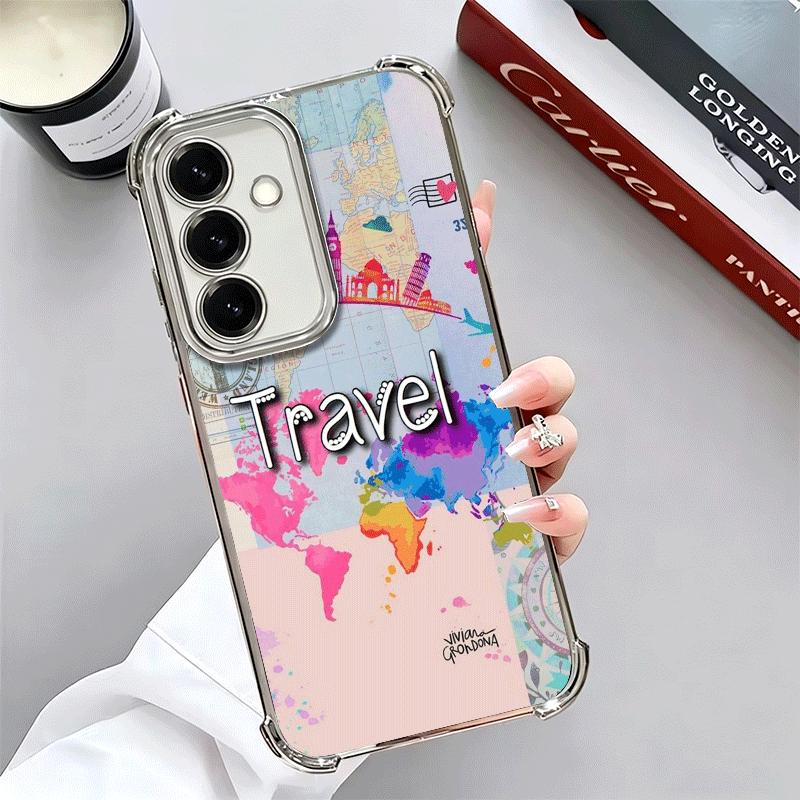 Travel Map Artistic Pattern Plating Phone Case For Samsung A17 A07 A37 A57 A16 A56 A15 A55 A14 A54 A13 A53 A26 A36 A25 A35 A24 A