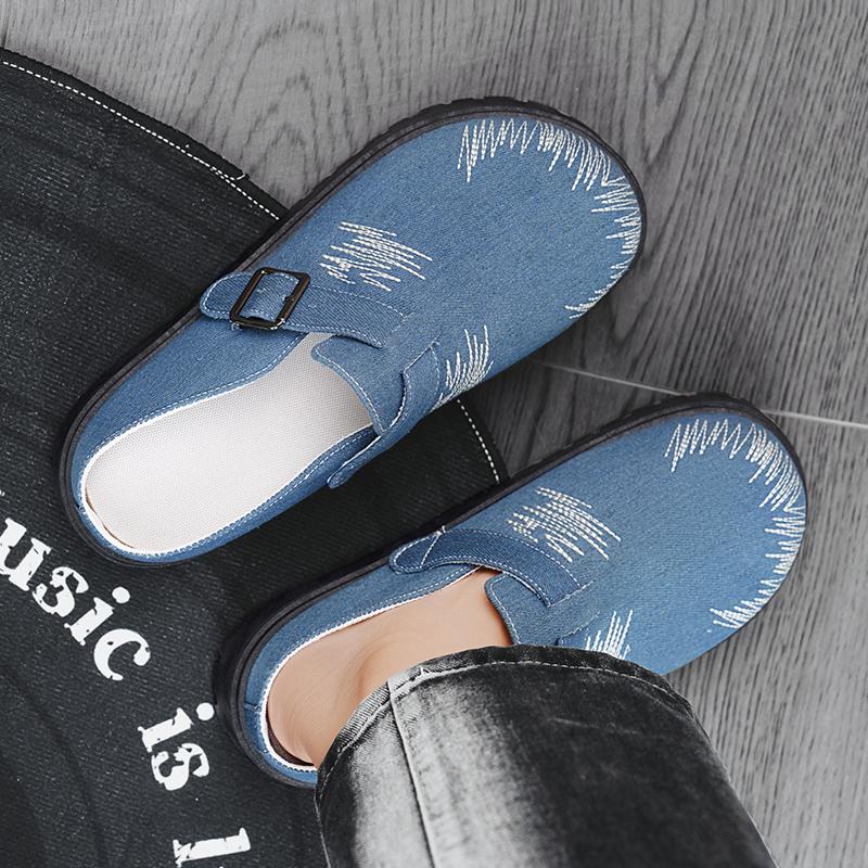 Thick Bottom Half Shoes For Men Mules Denim Platform Closed Toe Sandals Slip On Backless Loafers Slipper Semi-Drag Casual Shoes