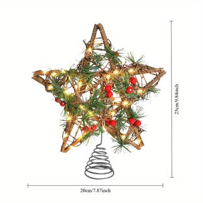Rustic Natural Rattan Star Christmas Tree Topper, Warm White Lights, 3 AA Batteries Not Included, Farmhouse Holiday Decor for Indoor,Office,