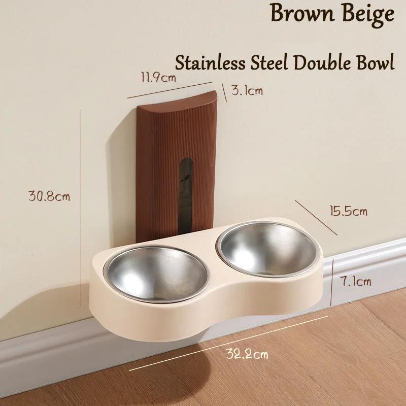 Wall-mounted Pet Double Bowl High Stainless Steel Ceramic Cat Water Dispenser Feeder Dog Bowl Adjustable Height Cat Food Basin