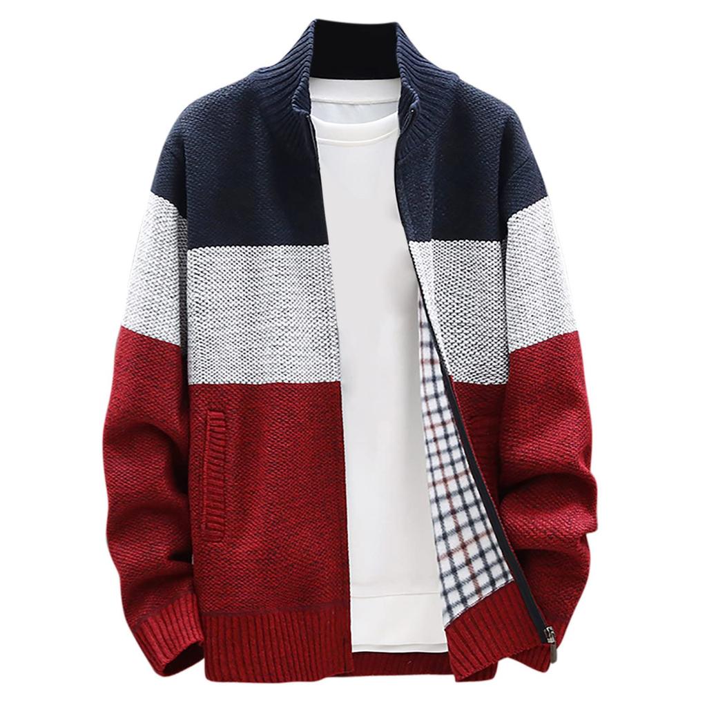 Men's Cardigan Sweaters Knitted Full Zip Collared Regular Fit Jacket Casual Color Block Baggy Winter Warm Coat