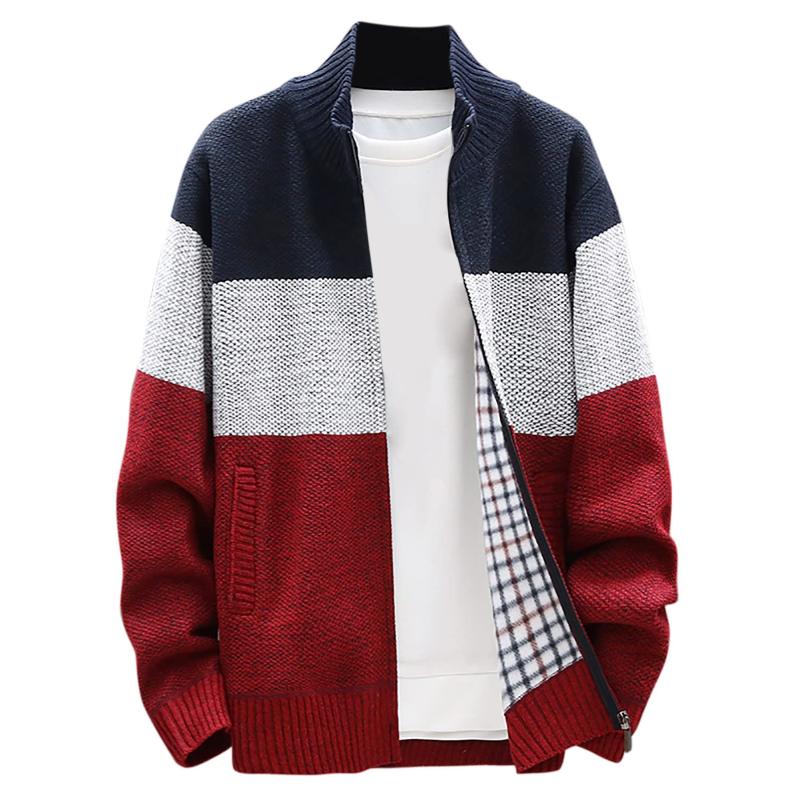 

Мужские кардиганы вязаные на молнии с воротником обычного кроя куртка повседневная цветная блочная мешковатая зимнее теплое пальто L тёмно-синий