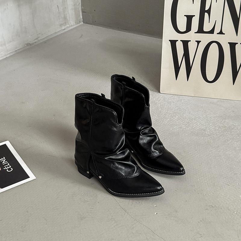 Spring and Summer Retro Casual Pointed Thick Heel Temperament Trouser Boots Autumn and Winter Solid Color Women's Western Denim Short Boots