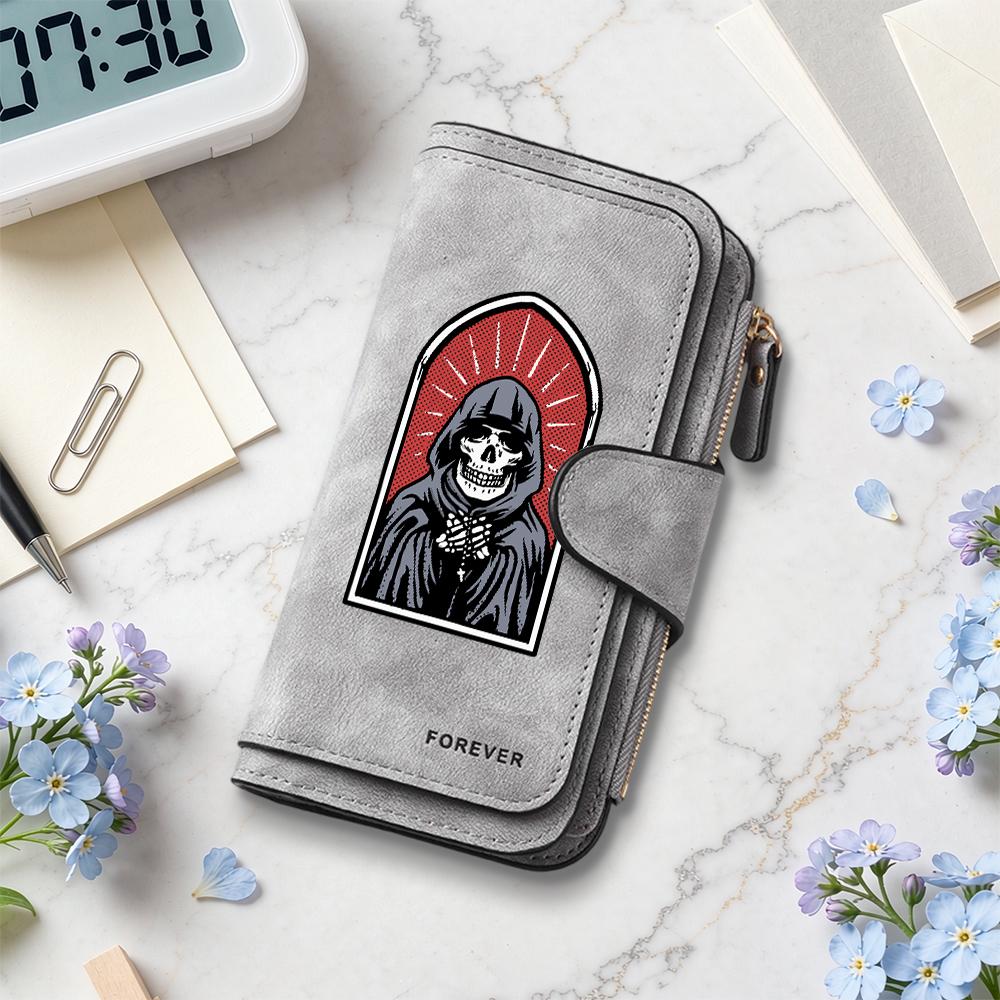 Grim Reaper Pattern Long Wallet Forever PU Leather Multi Card Slot Zip Purse