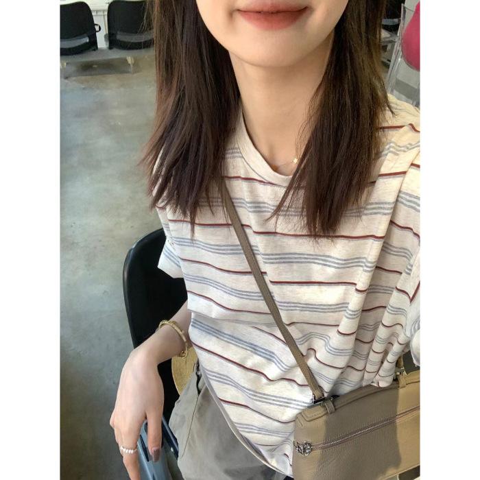 

Новая летняя женская футболка с контрастными цветами и полосками, с просторным дизайном из чистого хлопка и нишевым боди с рукавами до локтя XL