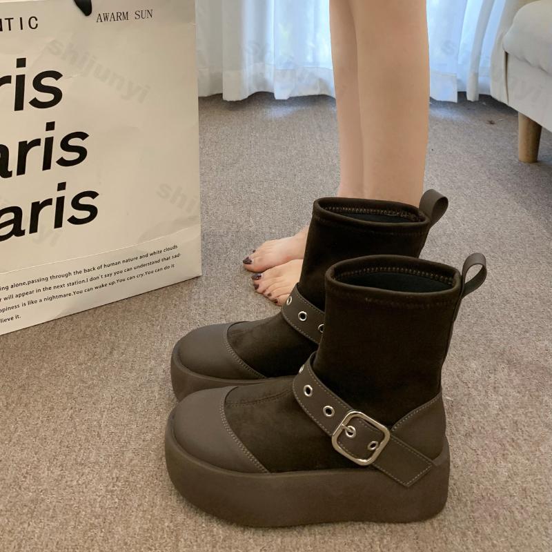 Punk Thick Heel Platform Boots Women Chunky Heels Fashion Buckle Motorcycle Boots Woman Black White Thick Bottom Ankle Booties