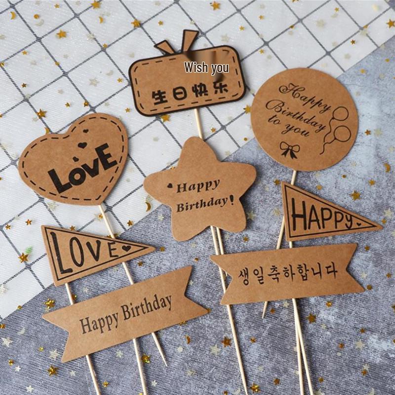 30-Piece Kraft Paper Cake Toppers: Happy Birthday Stars & Hearts