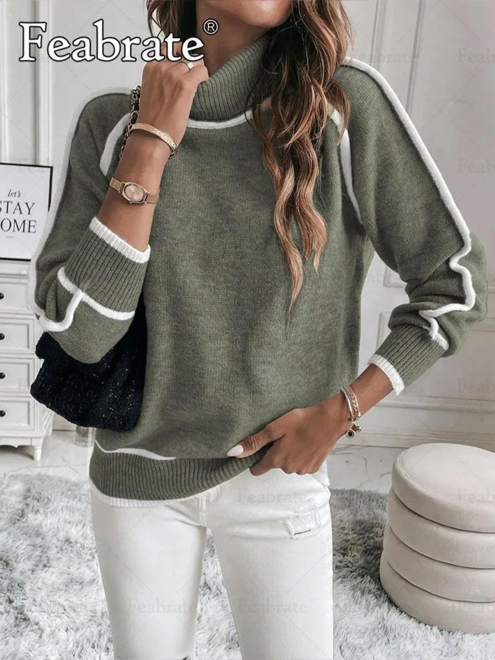 

Women s ,Winter Knitted Sweater, Pullover Long-Sleeved High-Neck Top, Color, Loose Fit, Casual, Versatile Sweater XL