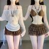 Women's Three-Piece Bikini Set with Long Sleeve Sun Protection and Cake Skirt
