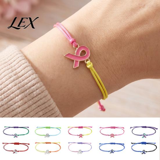 Braided Rope Wristband 2 Pcs Breast Cancer Awareness Bracelets, Adjustable String Stackable Wrist Accessories Bracelets with Ribbon Charm