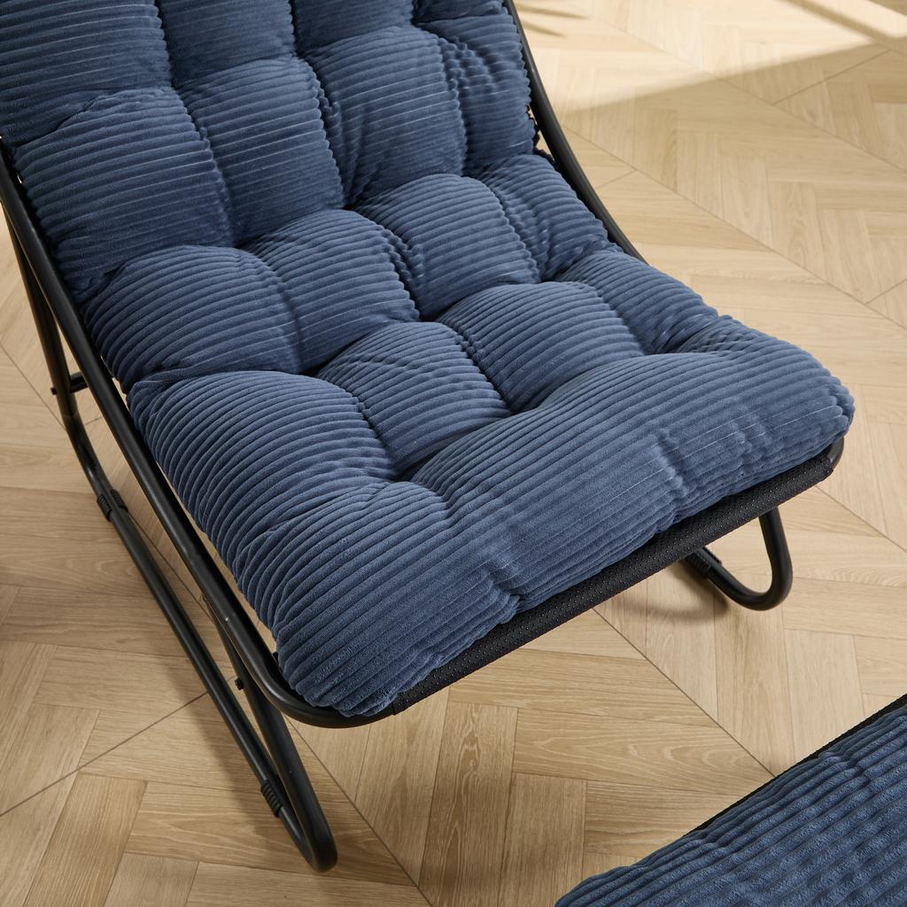 Patio Outdoor Lounge Chair with Ottoman, Comfy Sling Recliner Chair with Puffy Cushion and Foot Stool, Black Frame with Navy Blue Cushion