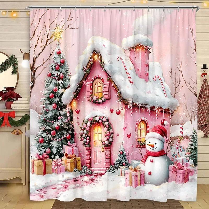 Christmas Shower Curtain Snowman Santa Claus Winter Snow Scene Christmas Gift Polyester Fabric Shower Curtains Bathroom Decor