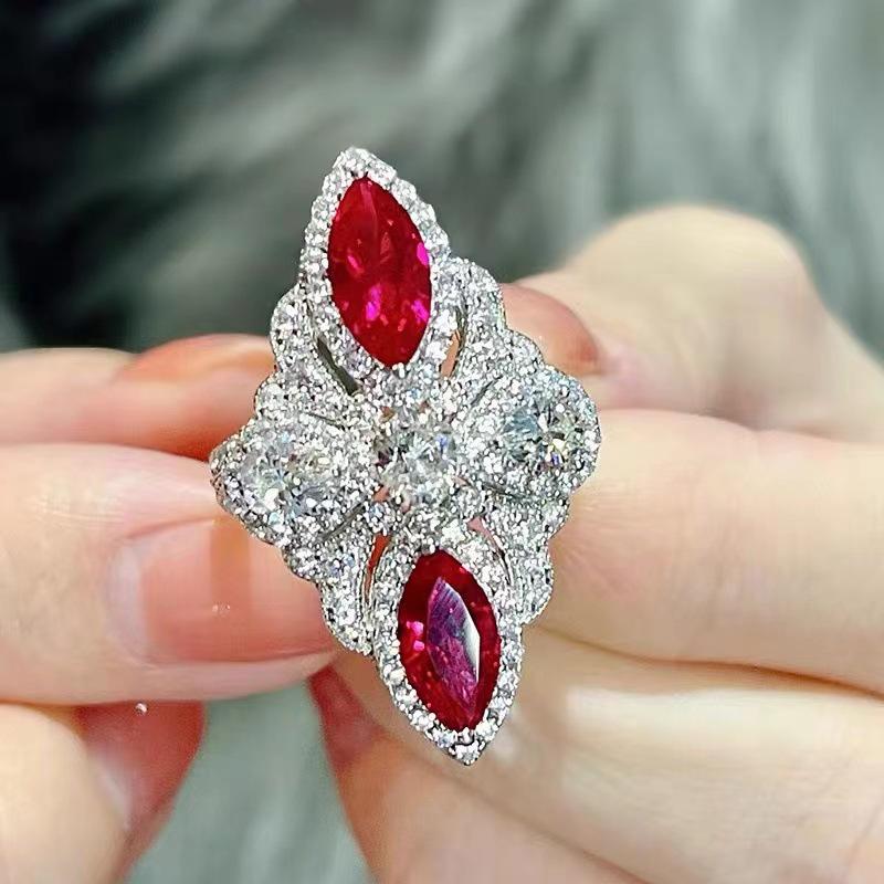 Women's High-End Ruby Gemstone Ring: Cool, Versatile Style with Full Diamond Accents