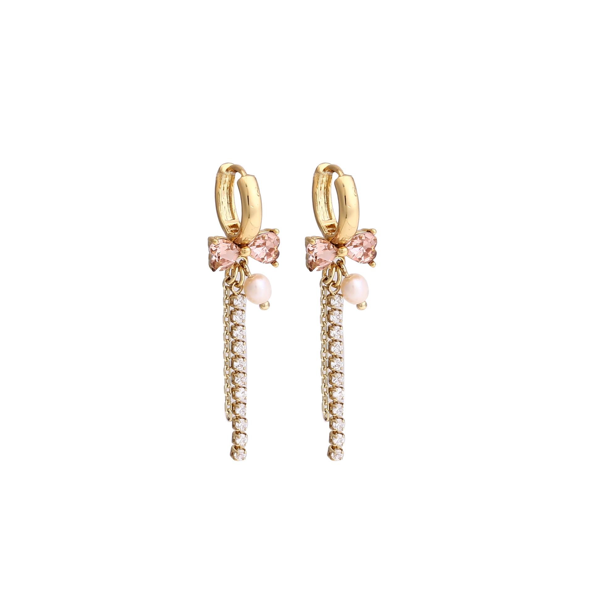 

Korean Pink Bow Pearl Earrings, Gold Plated Tassel with Sparkling Diamonds for Women - High-End Autumn/Winter Accessory