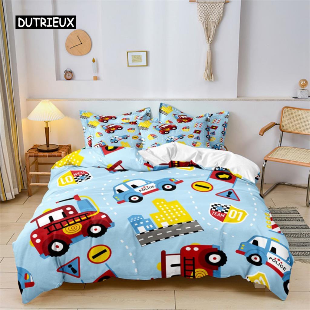 Boys Cartoon Car Duvet Cover Bedding Set Construction Vehicles Comforter Cover Kid Cartoon Machinery Truck Soft Polyester Decor