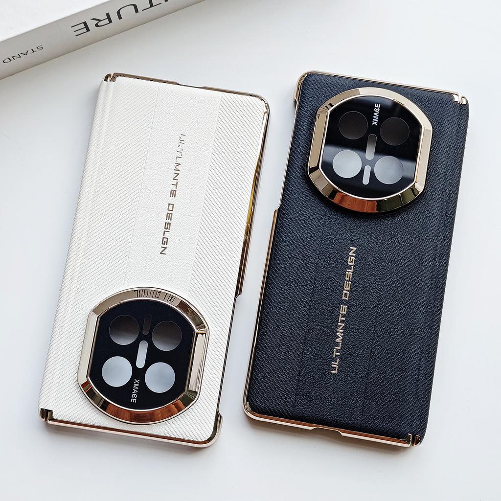 Ultimate Design Leather Electroplated Gold Frame Middle Axis Phone Case For Huawei Mate X7 Camera Protection Cover