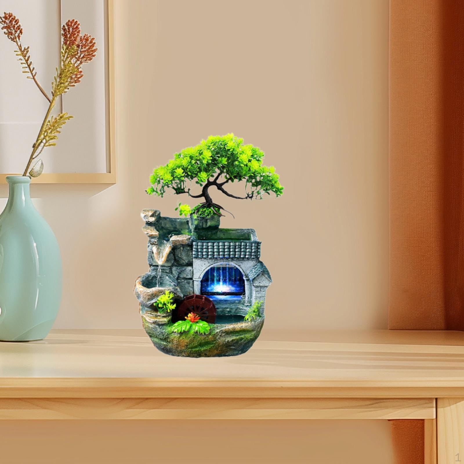 

Tabletop Water Feature with LED Lights Mini Garden Decoration
