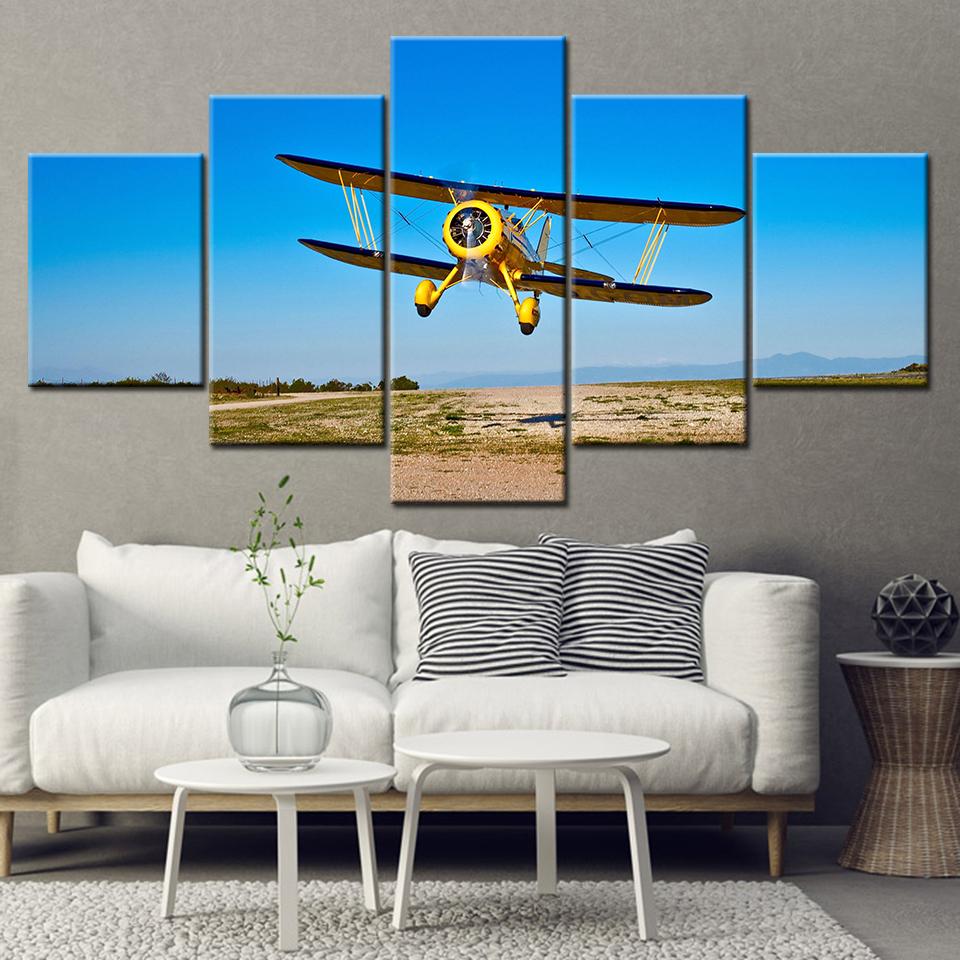 

Canvas Painting yellow airplane flying in blue sky 5 Pieces Wall Art Painting Modular Wallpapers Poster Print Home Decor 20x35 20x45 20x55cm