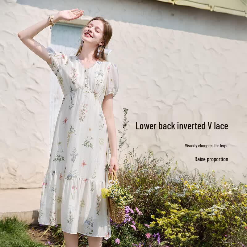 Women's French Style Floral Linen Blend Midi Dress