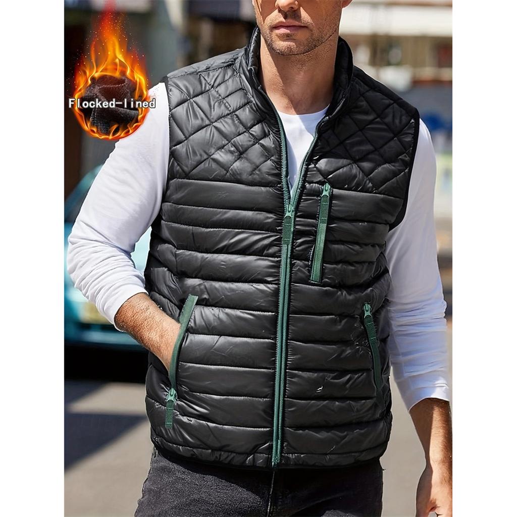 Men's Solid Color Fleece-lined Zip-up Vest, Stand Collar, Sleeveless, Outdoor Casual Warm Vest Jacket
