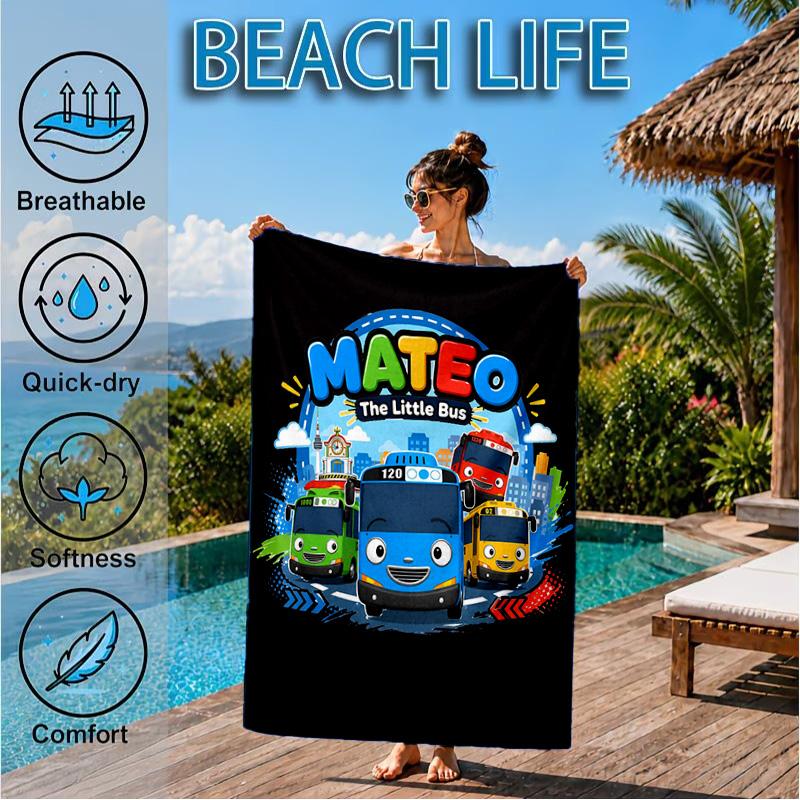 Serviette de Plage Aventure Avec Mateo Le Petit Bus, Séchage Rapide, Facile d'Entretien, Convient aux Vacances Fitness et Plage, Essentiel de Sport