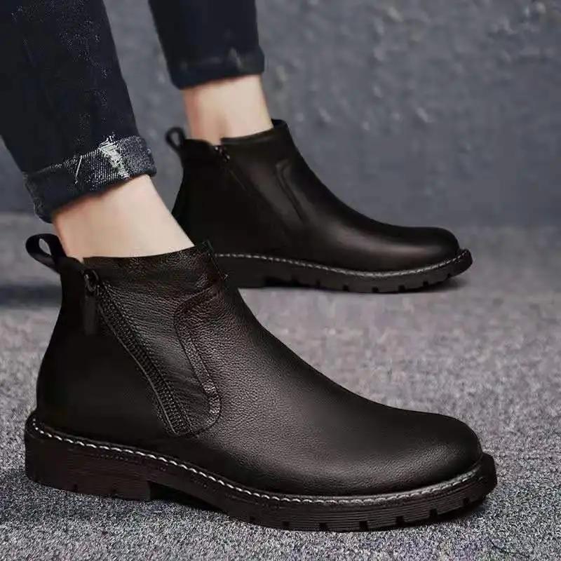 

Модные зимние новые мужские ботинки из мягкой кожи, зимние ботинки с плюшевой подкладкой, высокие хлопковые ботинки, высокие кожаные теплые короткие ботинки 44 чёрный