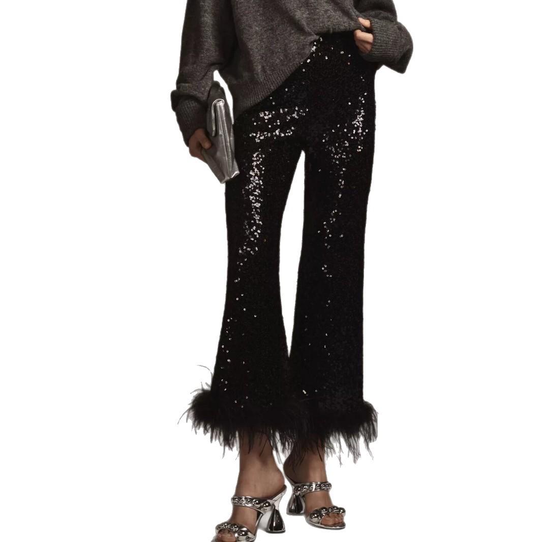 

European & American Women s Sequin Wide-Leg Pants with Frayed Edges - Fashionable Low-Waist Slim-Fit for Banquets M чёрный