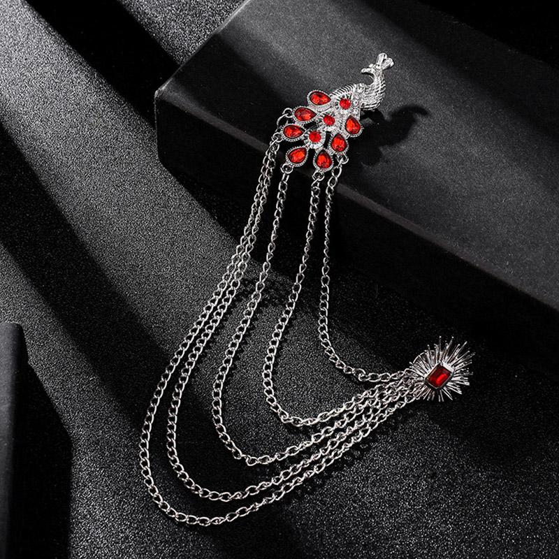 1PC Peacock Suit Accessories Chain Tassel Collar Pins Vintage Men Women Crystal Corsage Brooch Pin