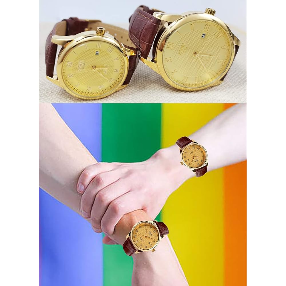 Men's Classic Analog Quartz Watch Gold Brown Leather Band Waterproof Casual Date Display