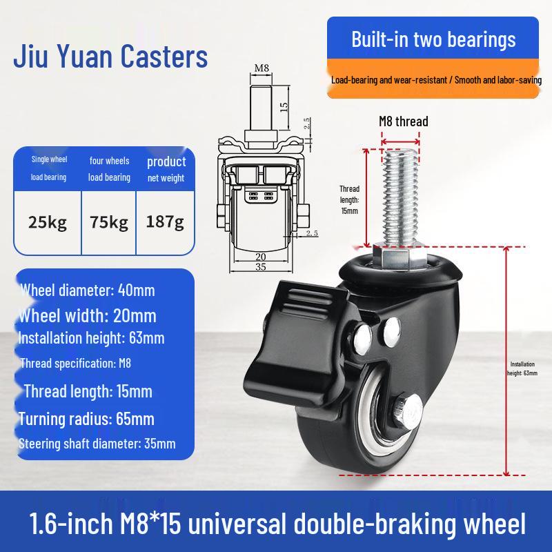 Black Heavy-Duty Swivel Casters with Brakes for Furniture, Cabinets & Industrial Use, Double Bearing Wheels