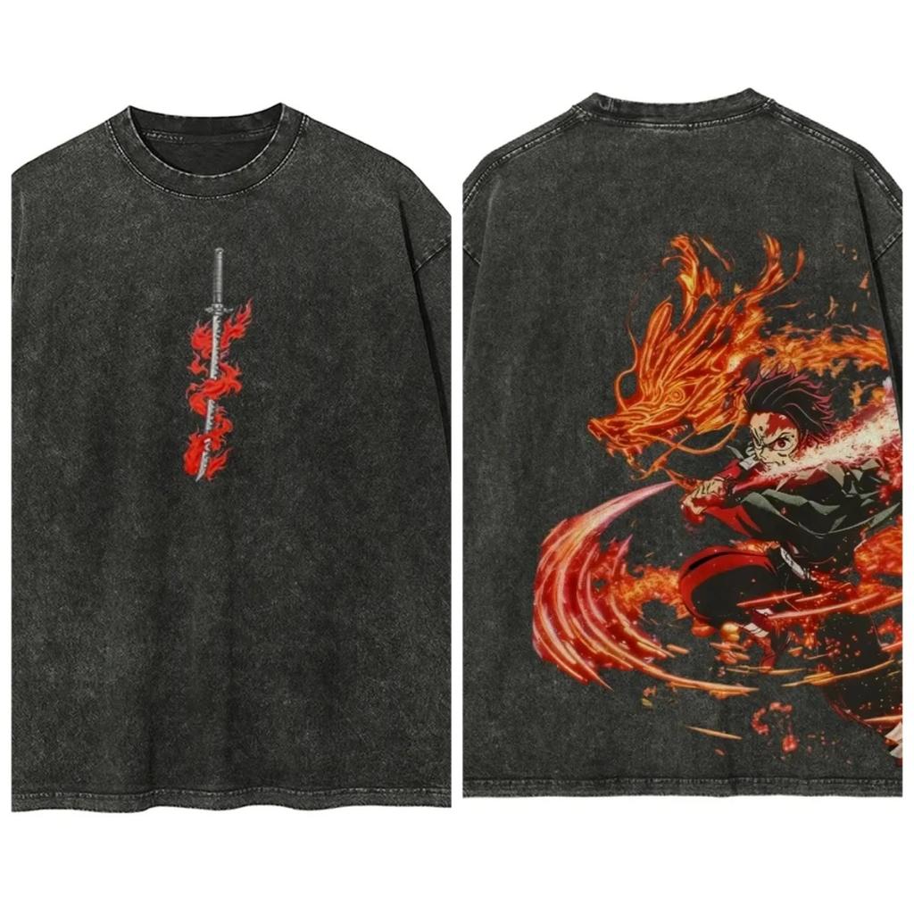 Demon Slayer Washed Retro Short Sleeve T-Shirt Casual Summer Wear Men Women Comfortable Short Sleeve Half Sleeve Sports Popular Top