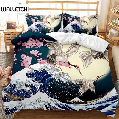 National Trend Duvet Cover Set Cherry Blossoms Crane Printed Bedding Set Sea Waves Down Traditional Retro Polyester Quilt Cover