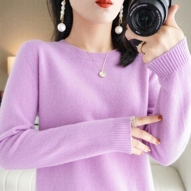 Women's Solid Color Knit Pullover - Autumn/Winter Round Neck Long Sleeve Versatile Base Layer