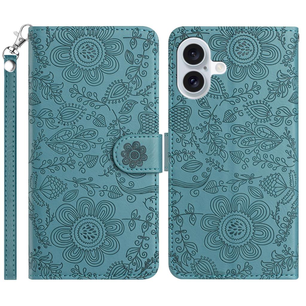 For iPhone 16 Plus Case Flower Imprint Leather Flip Wallet Phone Cover with Wrist Strap
