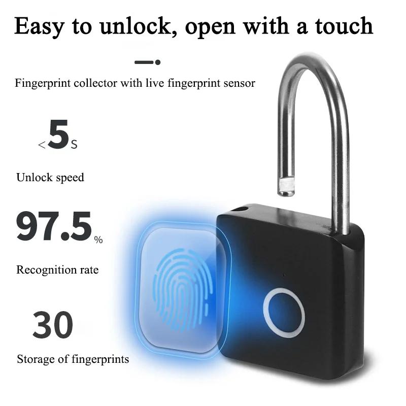 Keyless USB Charging Fingerprint Lock Smart Padlock Waterproof Door Lock Unlock Portable Anti-theft Padlock Zinc Home Tools
