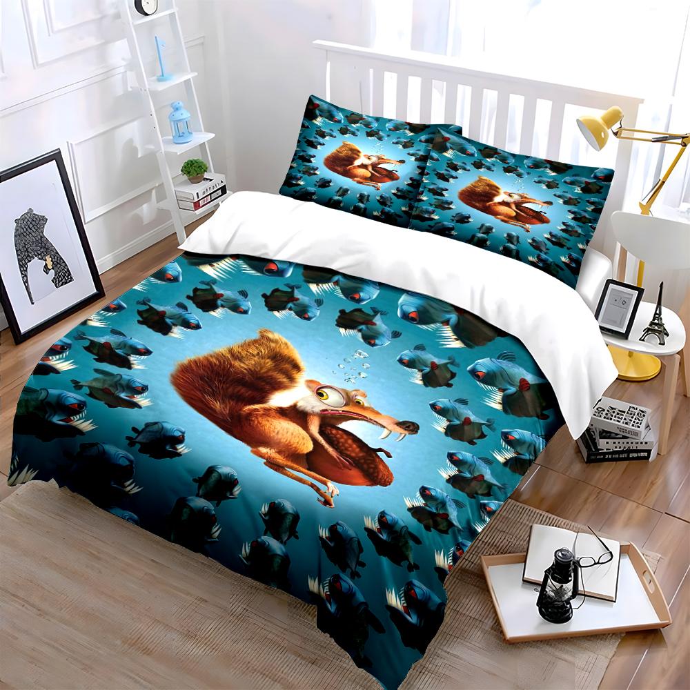 Cartoon Squirrel and Fish Pattern Bedding Set Bedding set (1 duvet cover, 2 pillowcases, duvet not included)