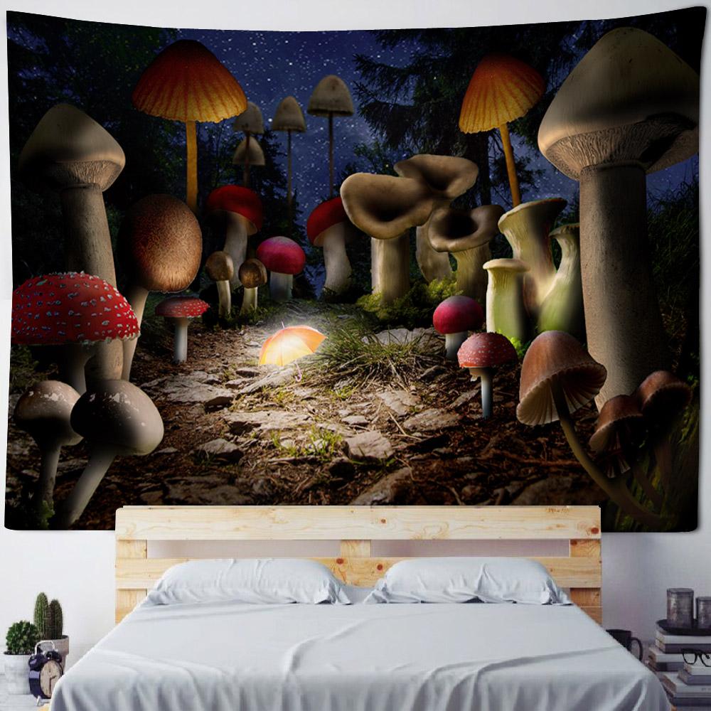 Psychedelic Mushroom Tapestry Fantasy Starry Forest Landscape Art Wall Hanging Mandala Boho Room Decor Yoga Mat Sheet