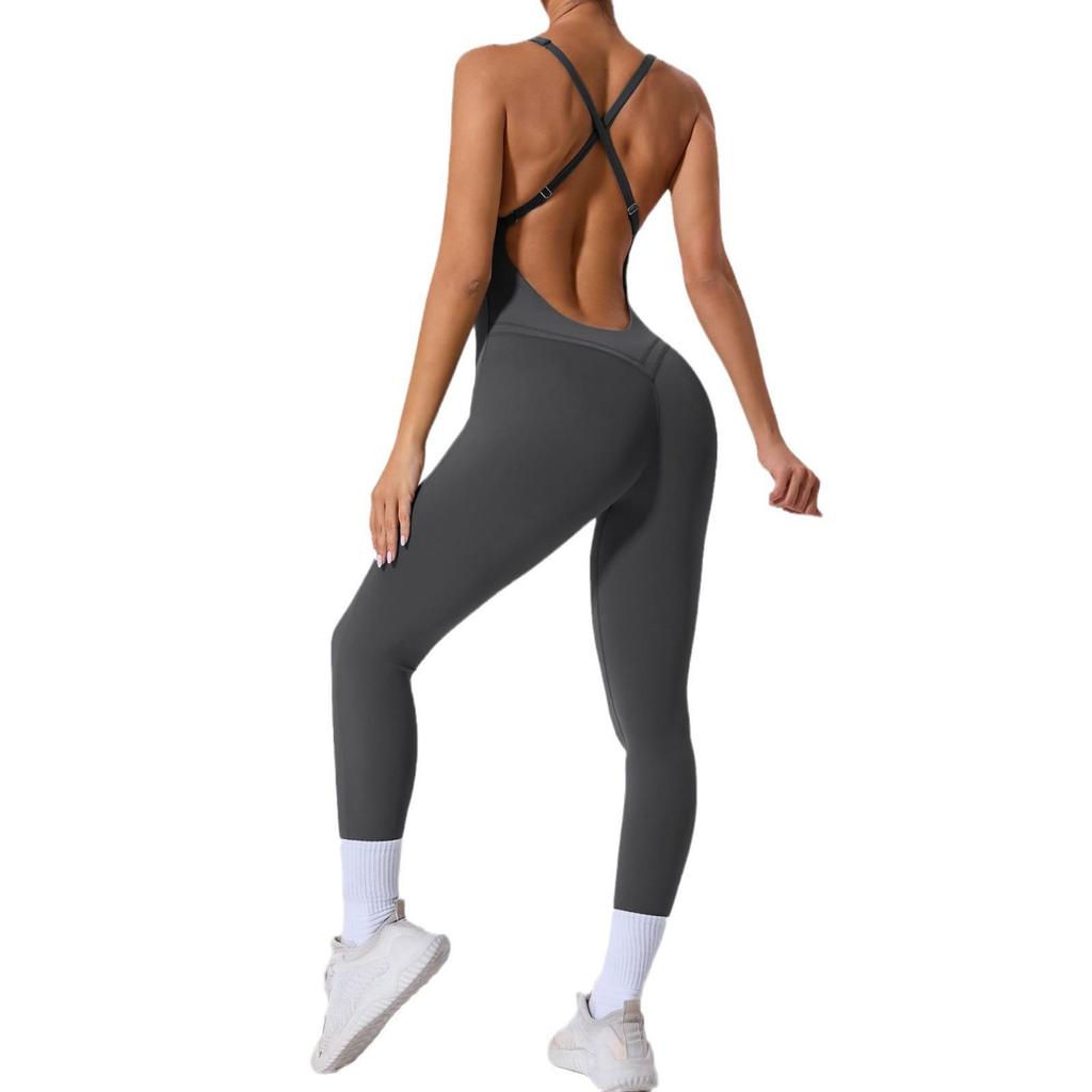 Cross-back LULU Style Aerial Yoga Jumpsuit with Adjustable Shoulders for Fitness and Sports.