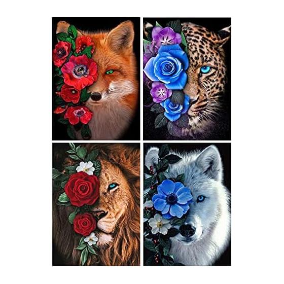 Set of 4 Diamond Art Flower 30x40cm Diamond Art Tiger Diamond Art Lion Diamond Art Wolf Diamond Art Fox Diamond Bead Art Kit Animal Kids DIY 5D