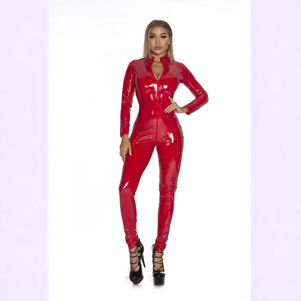 5XL Extra Large Shiny Mirror Fetish Catsuit Bodysuit, Tight Fitting Vinyl Pants with Zipper, Stage Performance Outfit