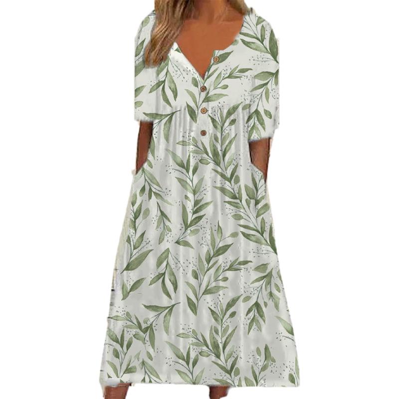 2026 Spring V-Neck Button Short-Sleeve Maxi Dress with Pockets