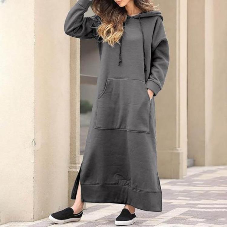 Women Sweatshirt Dress Hooded Solid Color Long Sleeve Front Drawstring Autumn Winter